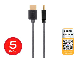 Ultra Slim Certified Premium HDMI Cable - Black - 0.9 Meters (3 Ft) (5 Pack) 4K@60Hz HDR 18Gbps 36AWG YUV 4:4:4