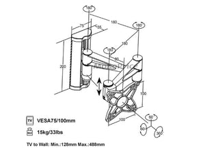 Monoprice Full-Motion Articulating TV Wall Mount Bracket For TVs Up to 68.6cm, Max Weight 15Kg, Extension Range of 12.7cm to 48cm, VESA Patterns Up to 100x100, Works With Concrete & Brick