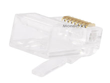 Load image into Gallery viewer, Monoprice 8P8C RJ45 Modular Plugs For Stranded Cat5/Cat5e Ethernet Cable (100pcs/pack) Gold Plated Contacts, Clear Plastic Housing